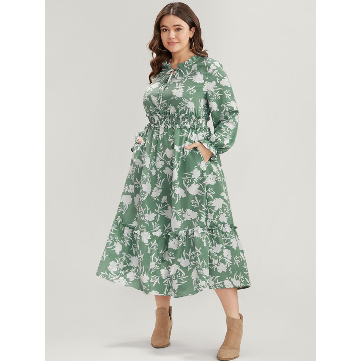 Plus Size Floral Lantern Sleeve Shirred Pocket Tie Neck Ruffle Dress Green Women Elegant Pocket Round Neck Long Sleeve Curvy Midi Dress BloomChic 26/4X Product Image