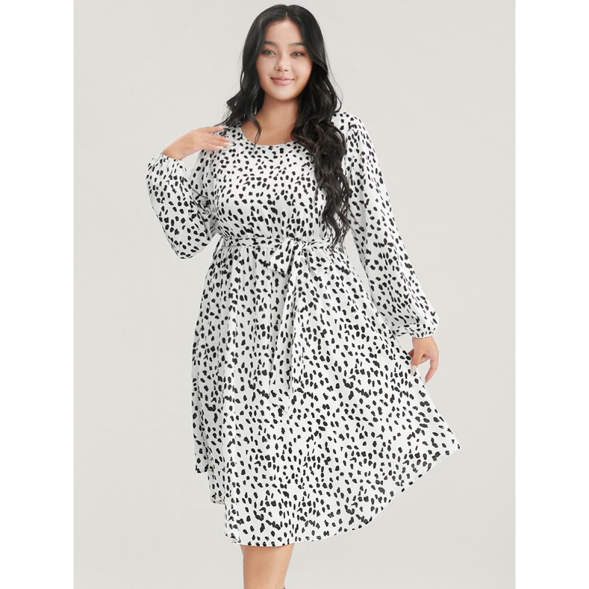 Plus Size Leopard Print Lantern Sleeve Pocket Belted Arc Hem Dress White Women Elegant Pocket Round Neck Long Sleeve Curvy Midi Dress BloomChic 28/5X Product Image
