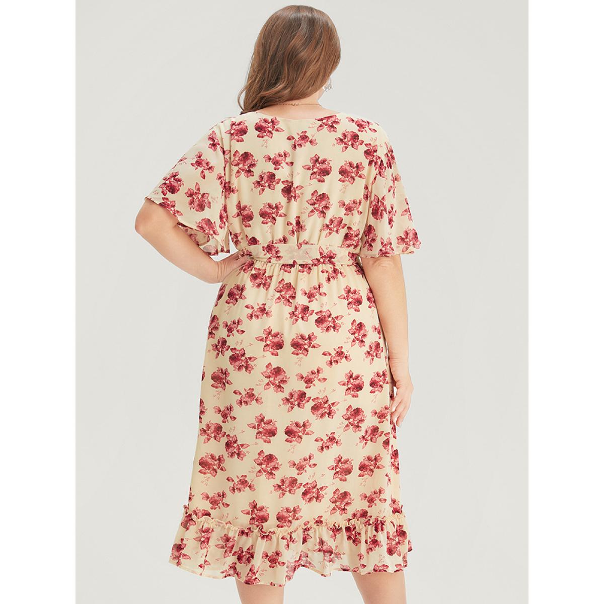 Plus Size Floral Print Pearl Beaded Pocket Belt Ruffle Hem Dress DustyPink Women Elegant Lined V-neck Short sleeve Curvy Midi Dress BloomChic 12/L Product Image