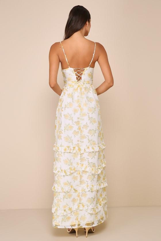 Gorgeous Occasion Cream Floral Burnout Lace-Up Tiered Maxi Dress Product Image