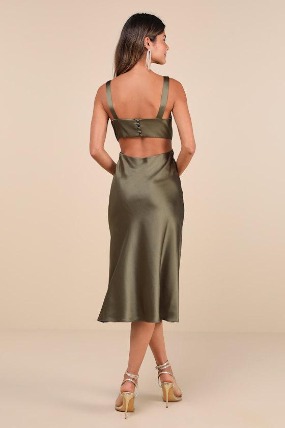 Unmatched Elegance Olive Satin Sleeveless Midi Dress Product Image