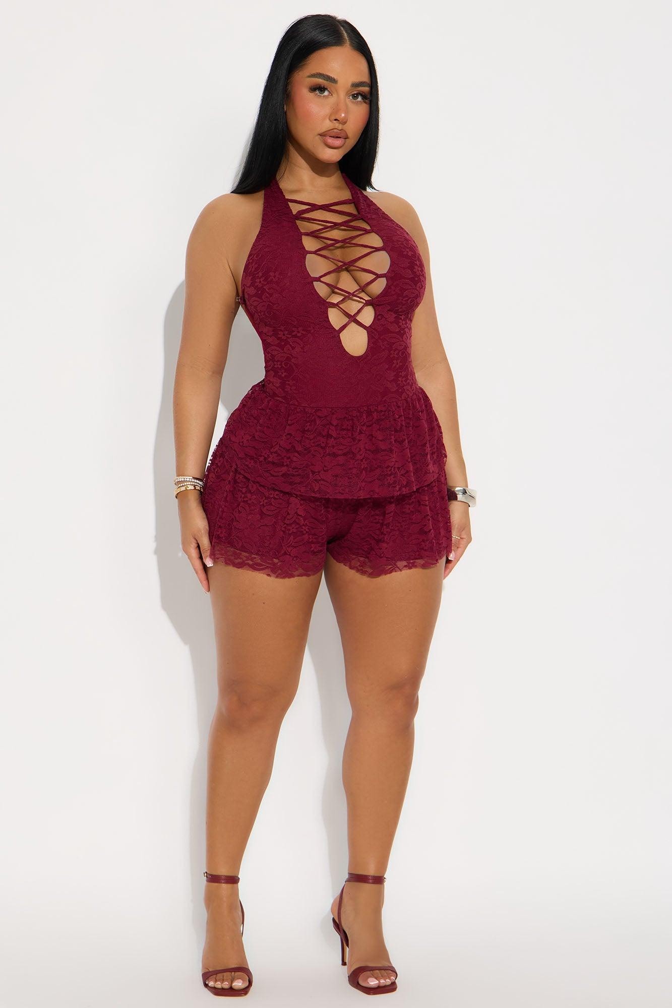 Valentina Halter Lace Romper - Burgundy Female Product Image