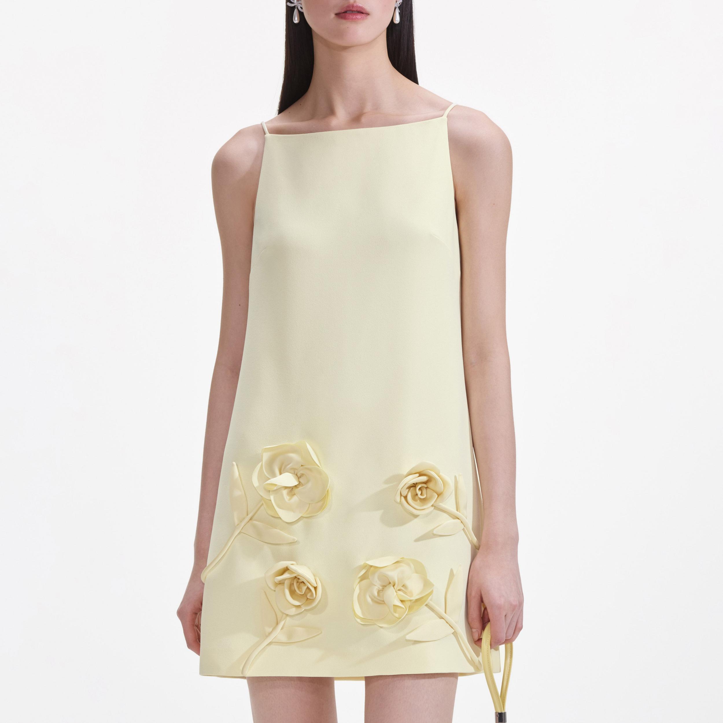Yellow Crepe Flower Mini Dress Product Image