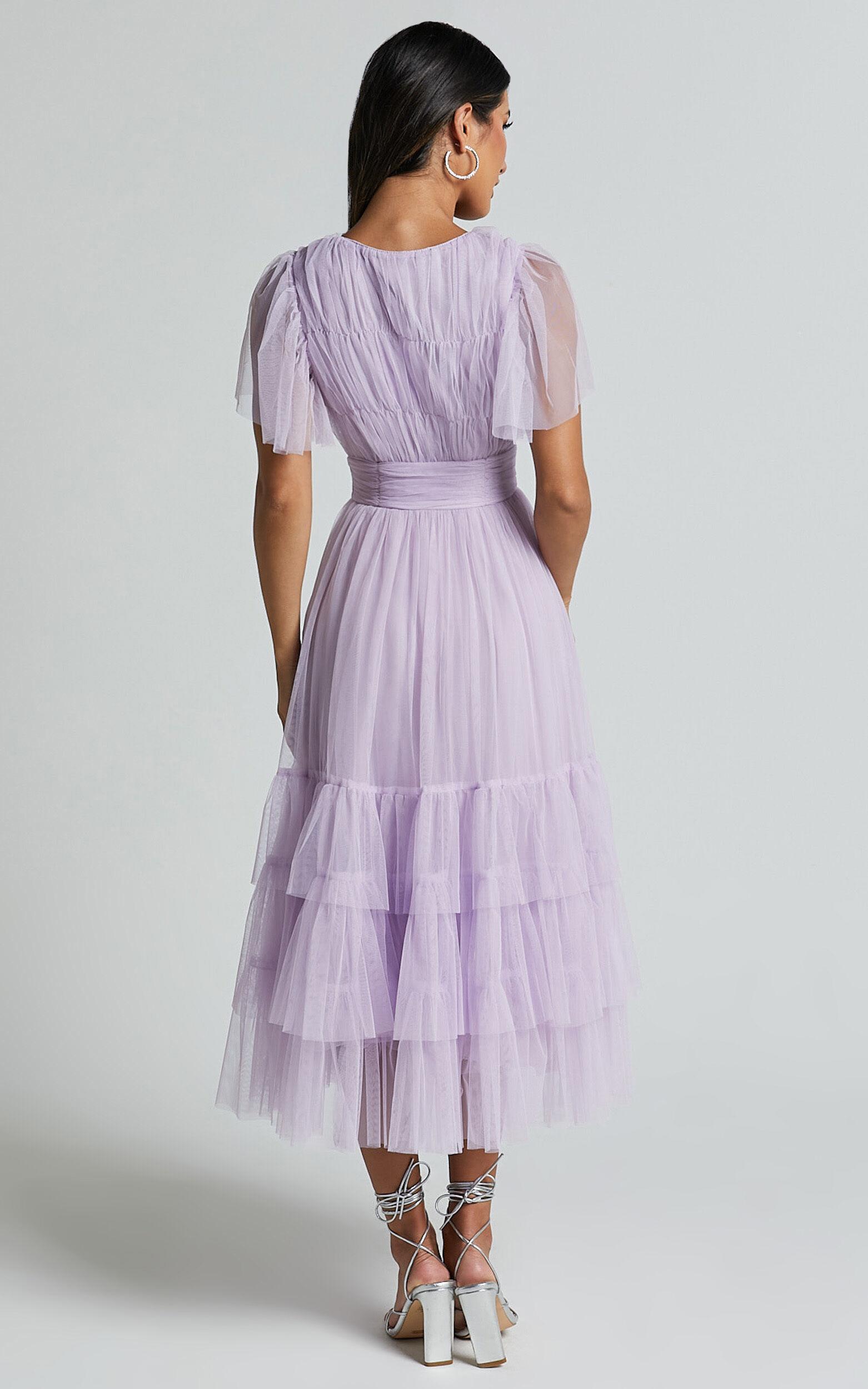 Jiraye Midi Dress - Flutter Sleeve Tuelle Plunge Dress in Lilac Product Image