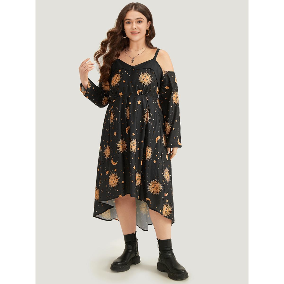 Plus Size Halloween Moon & Star Cold Shoulder Pocket Elastic Waist Dress Black Women Casual Adjustable Straps Spaghetti Strap Long Sleeve Curvy Midi Dress BloomChic 12/L Product Image