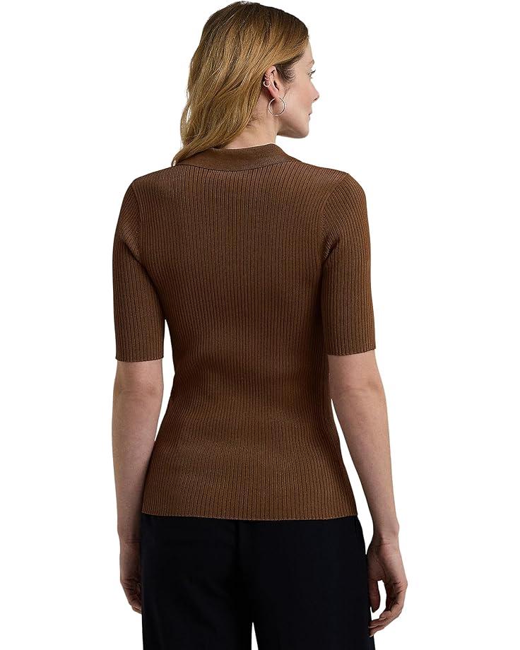 Women's Lauren Ralph Lauren Rib-Knit Elbow-Sleeve Polo Cardigan Product Image