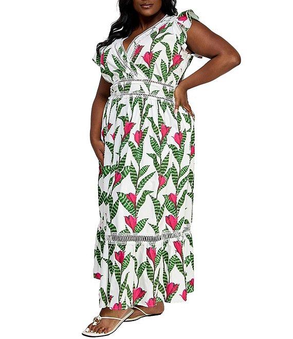 Layered With Love Plus Size V Neck Flutter Sleeve Lace Trim Fit and Flare Maxi Dress Product Image