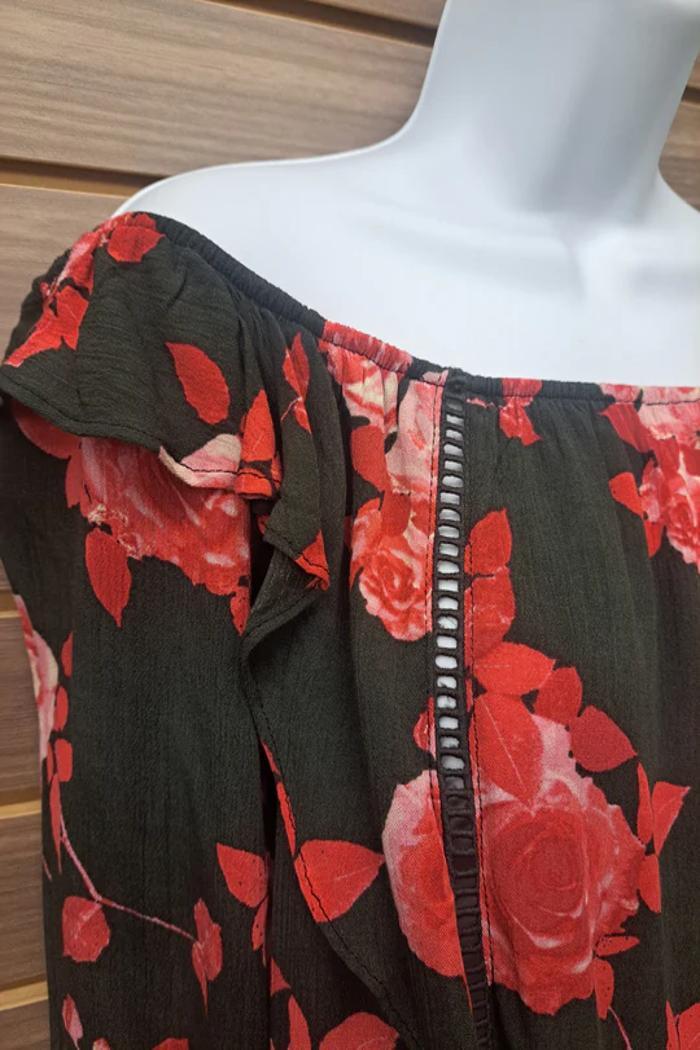 Roses On Black Ruffle Off Shoulder Blouse Product Image