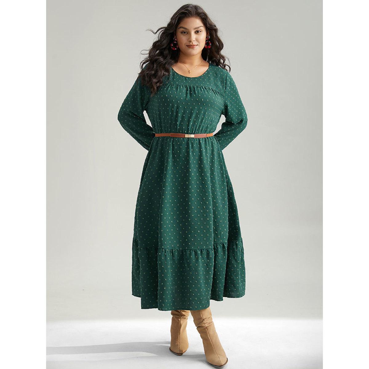 Plus Size Plisse Polka Dot Pocket Layered Hem Dress DarkGreen Women Elegant Texture Round Neck Long Sleeve Curvy Midi Dress BloomChic 12/L Product Image