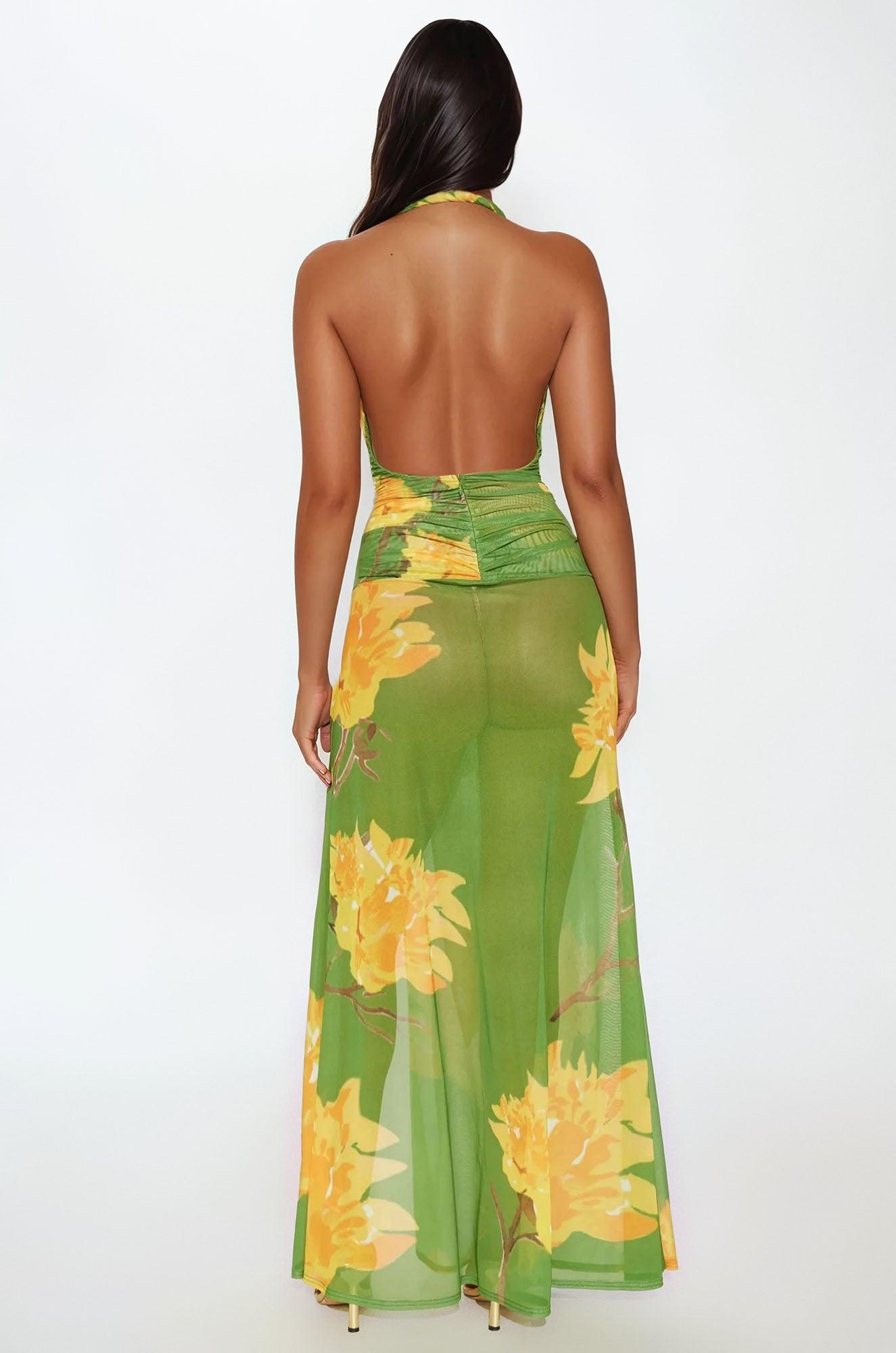 Macy Mesh Floral Maxi Dress - Green/combo Female Product Image