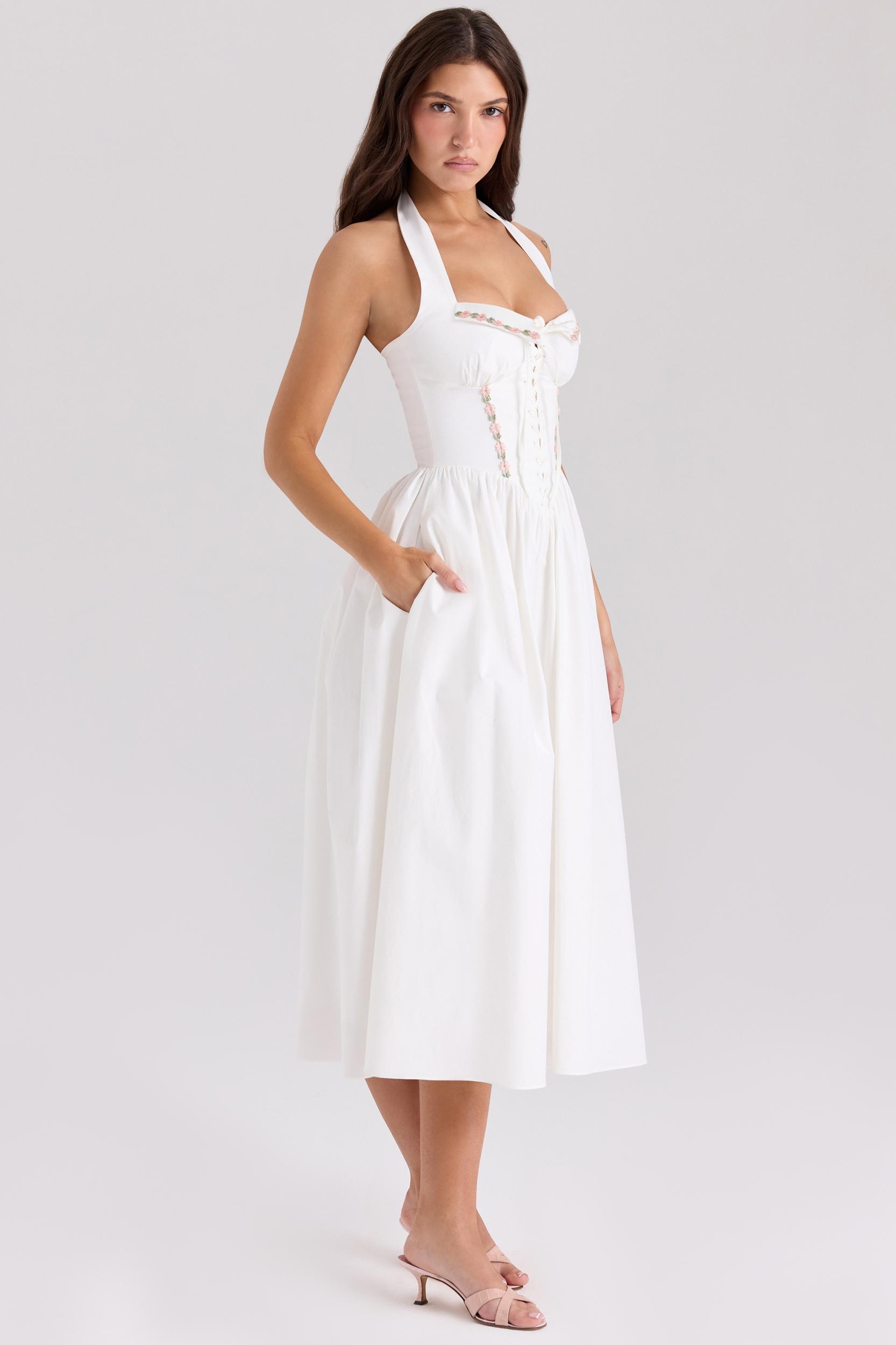 Emilia  white cotton halter neck midi dress Product Image