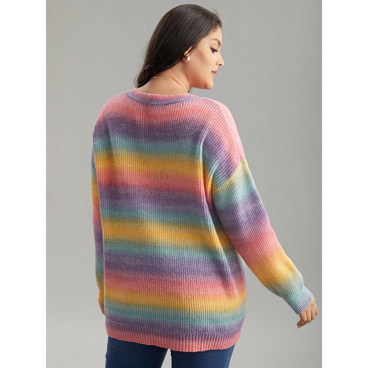 Plus Size Rainbow Ombre V Neck Loose Pullover Multicolor Women Casual Loose Long Sleeve V-neck Everyday Pullovers BloomChic 26/4X Product Image