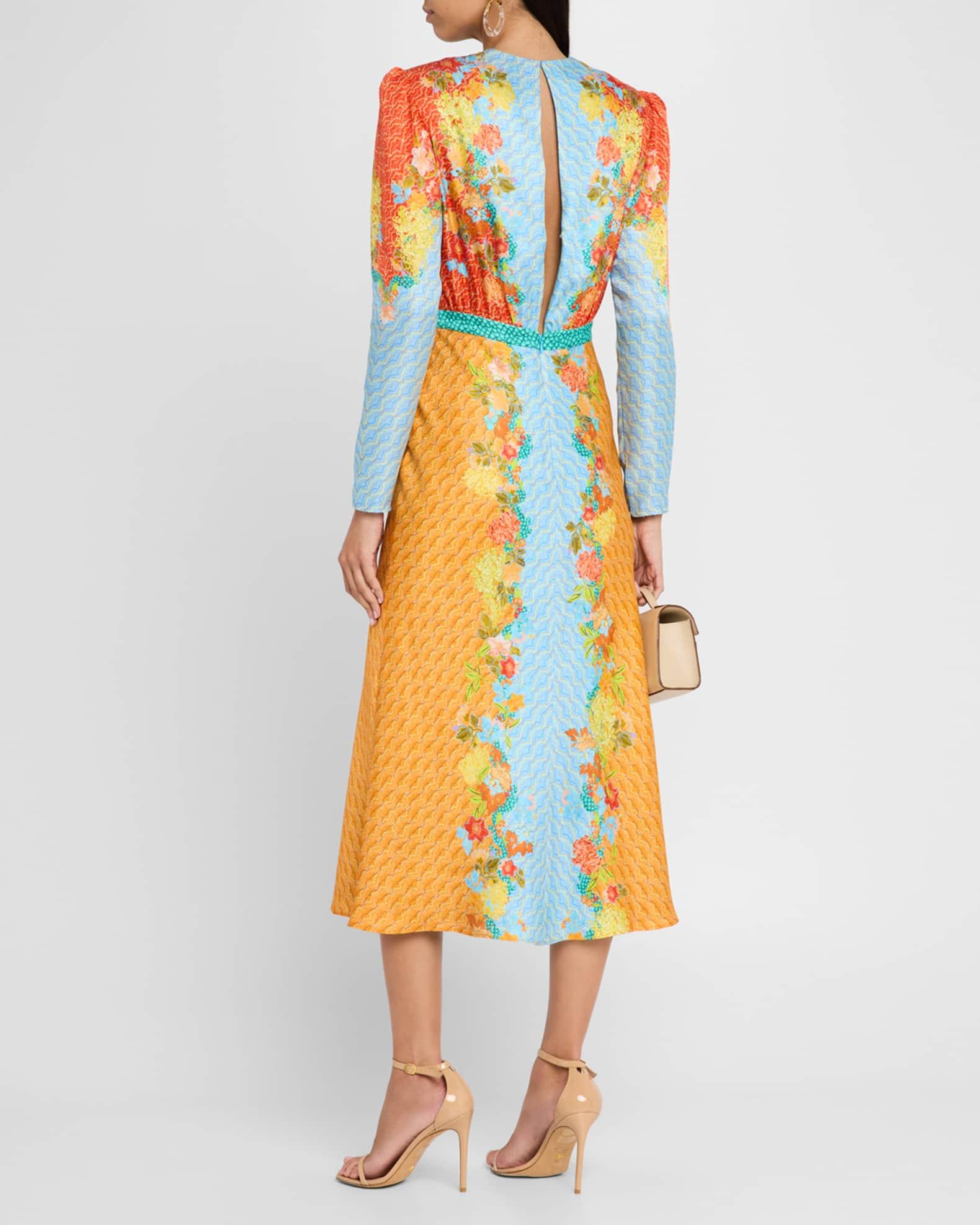 Claudia Floral Silk Long-Sleeve Fluted Midi Dress Product Image