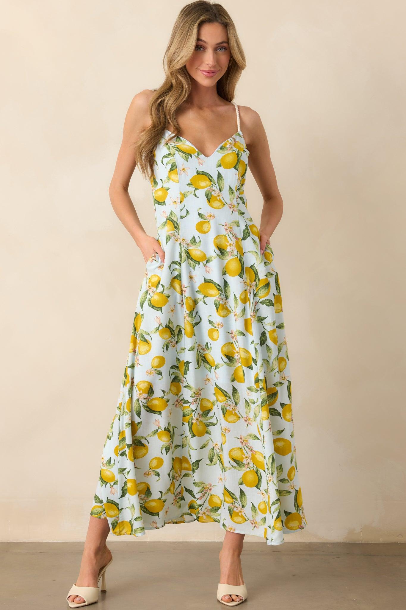 In The Shade Light Blue Lemon Print Cross Back Maxi Dress Product Image