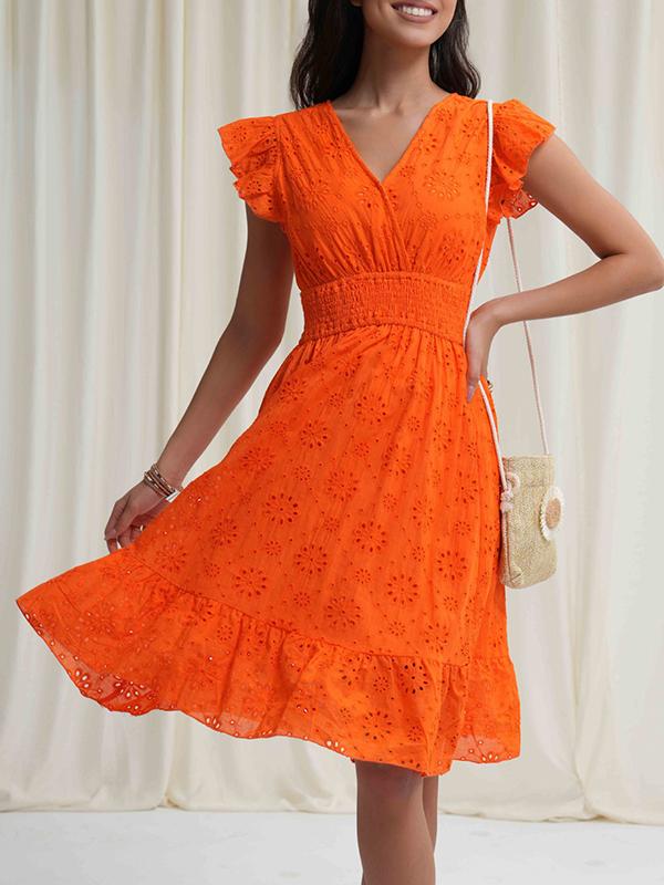 A-Line Loose Elasticity Hollow Pleated Solid Color V-Neck Mini Dresses Product Image