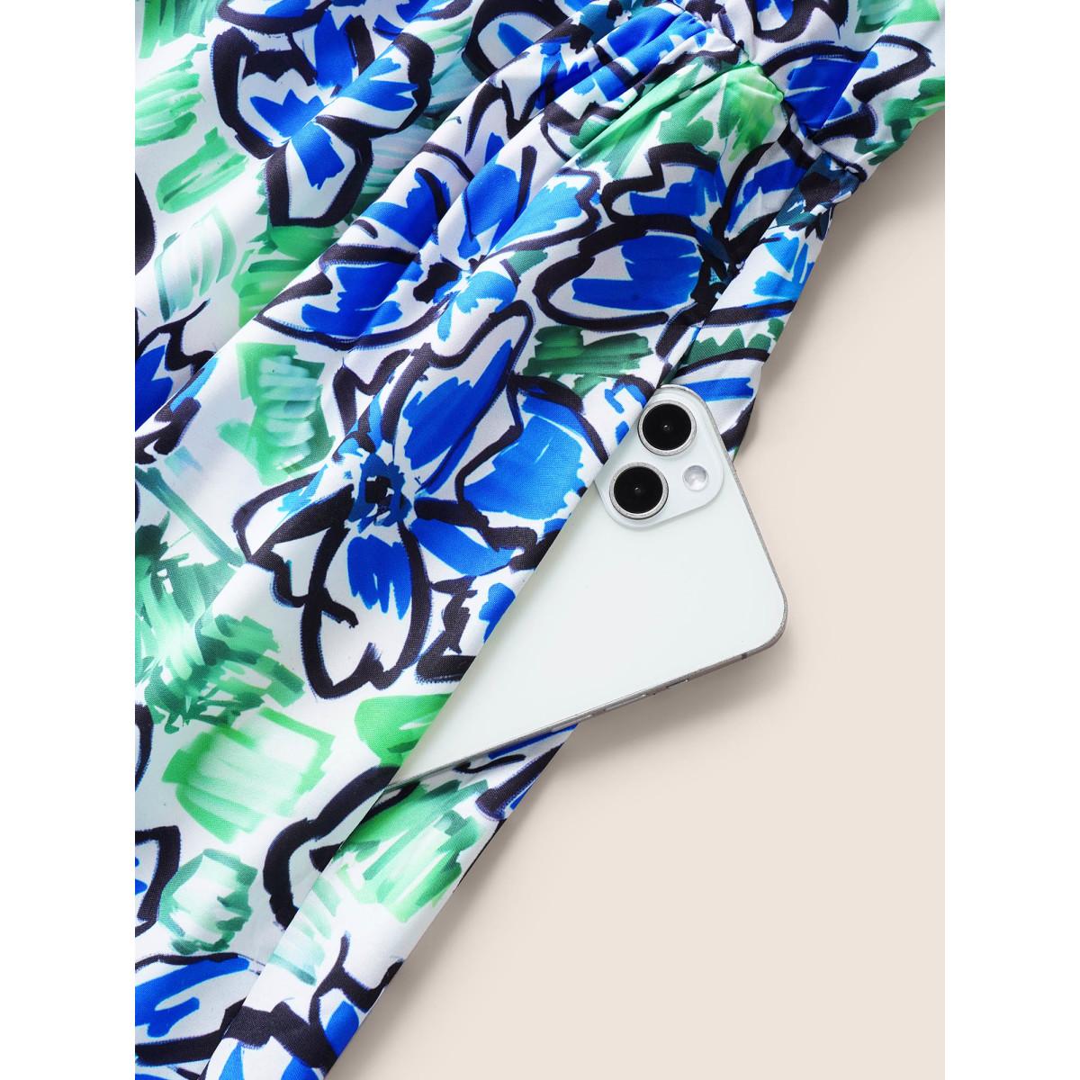 Plus Size Floral Print Elastic Waist Pocket Halter Neck Dress Mint Women Resort Non Halter neck Sleeveless Curvy BloomChic 22-24/3X Product Image