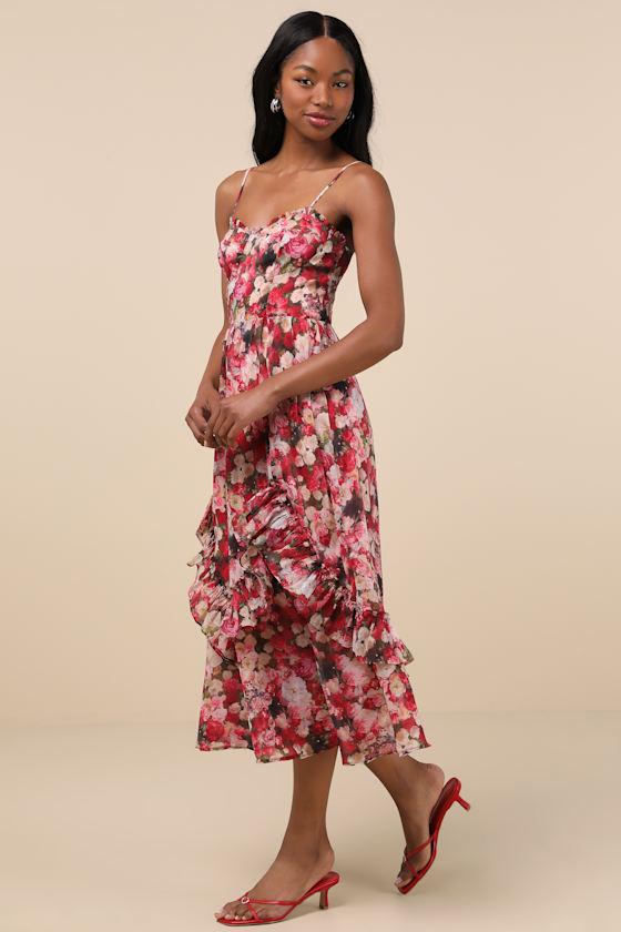 Maisley Red Multi Floral Bustier Ruffled Midi Dress Product Image