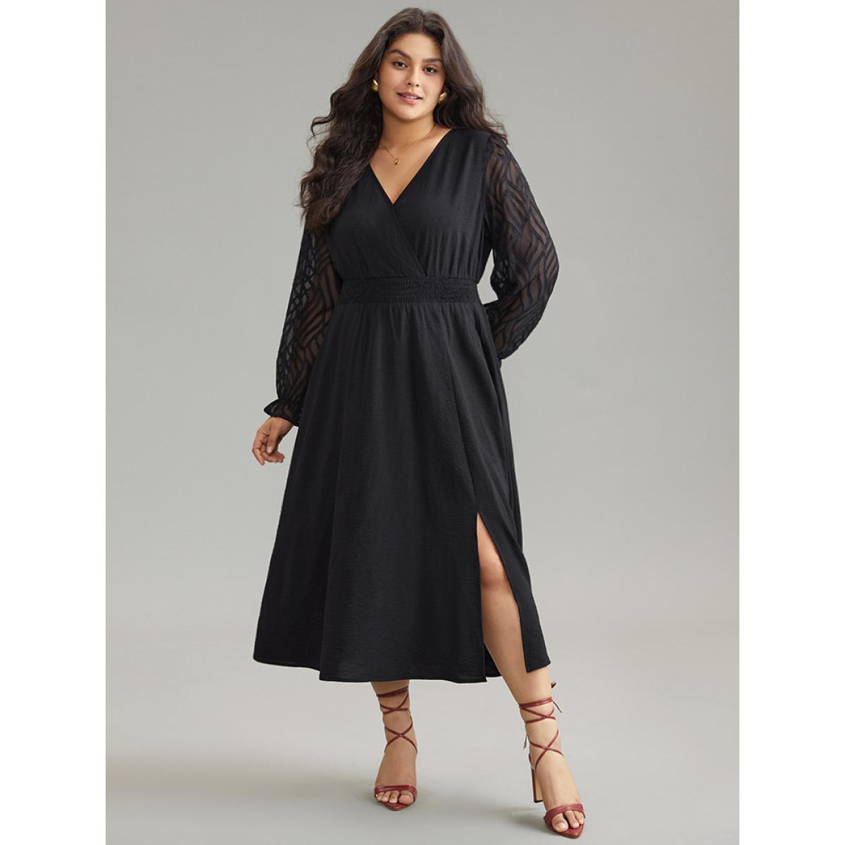 Plus Size Graphic Mesh Patchwork Pocket Split Side Dress Black Women Elegant Wrap Overlap Collar Long Sleeve Curvy Midi Dress BloomChic 14-16/1X Product Image