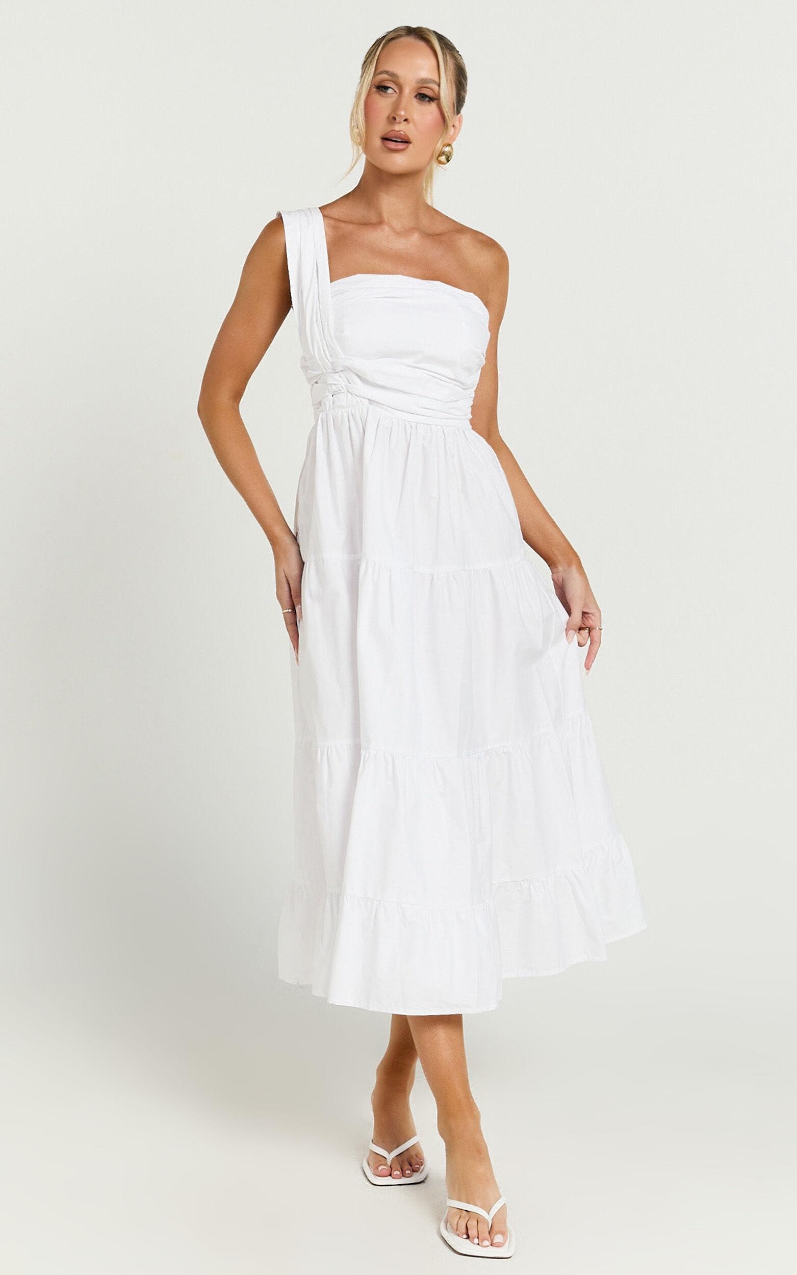 Stephanie Midi Dress - One Shoulder Tiered Midi Dress in White Product Image
