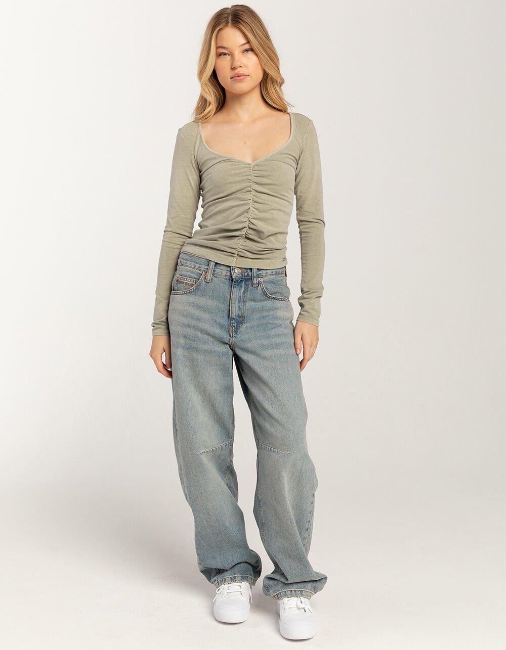 BDG Urban Outfitters Ruched V-Neck Womens Long Sleeve Top - SAGE Product Image