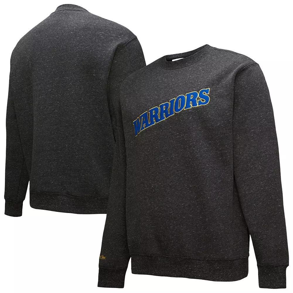 Men's Black Golden State Warriors Mitchell & Ness Black Out Collection Snow Washed Vintage Logo Pullover Sweatshirt,  Product Image