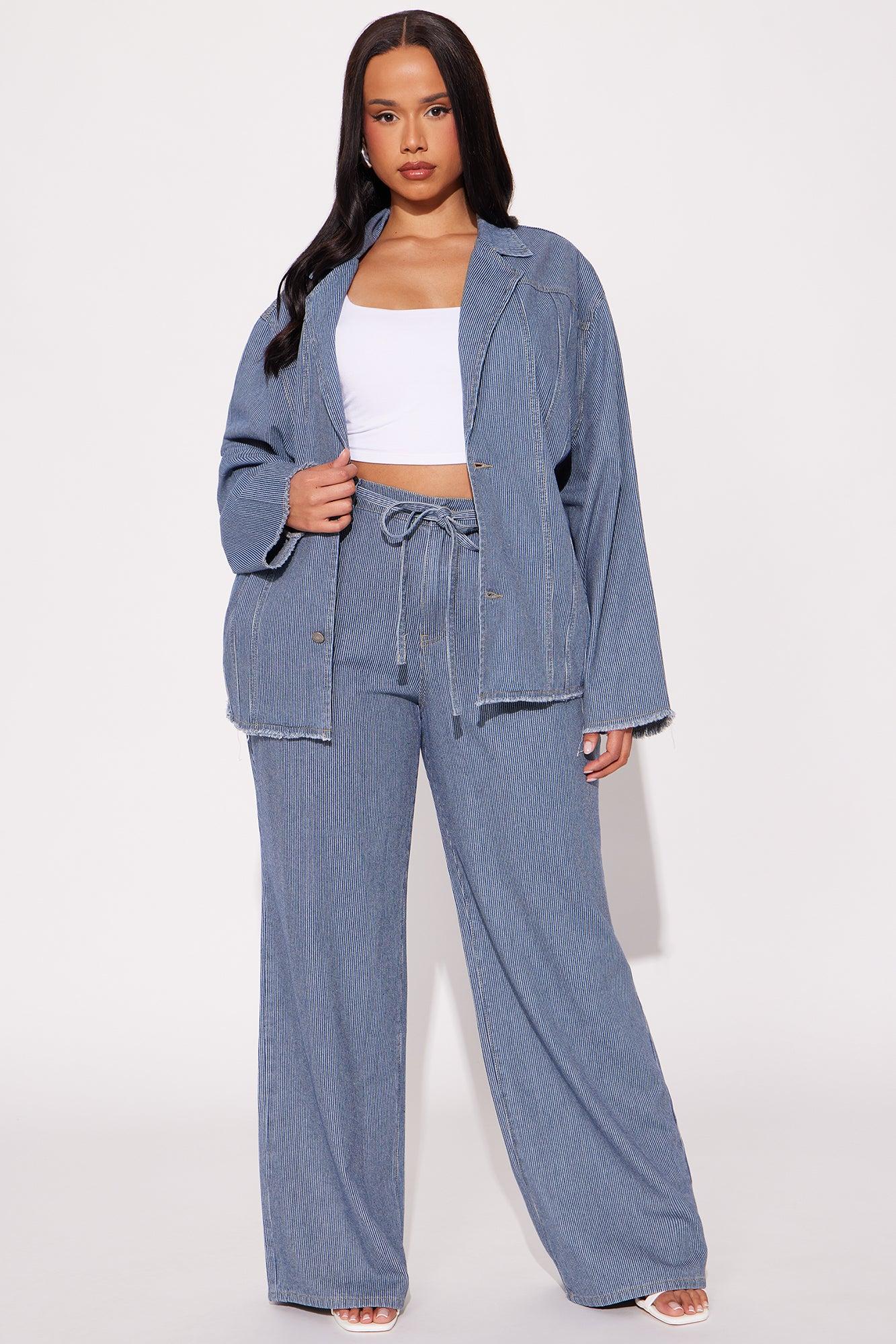 Laid Back Pinstripe Wide Leg Denim Trouser - Dark Wash Product Image