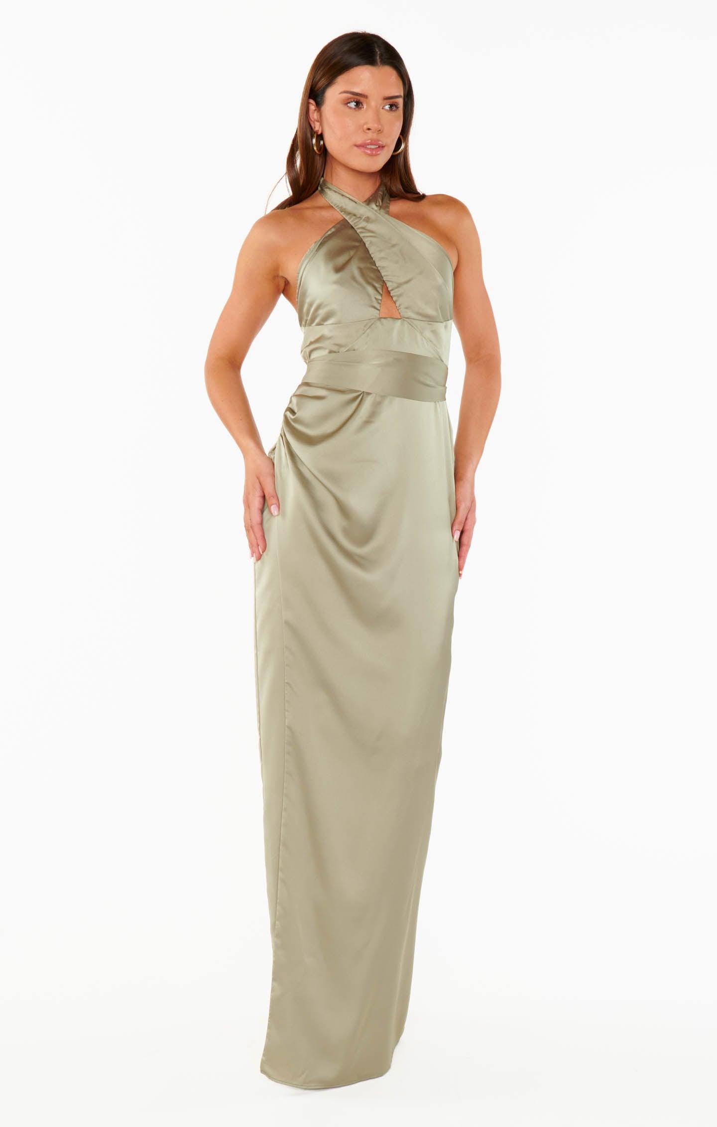 Adele Halter Maxi Dress ~ Moss Green Luxe Satin Product Image