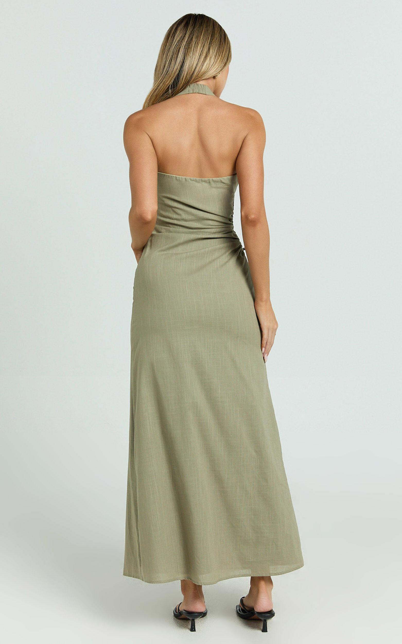 Myra Maxi Dress - Halter Ruched Side Dress in Olive Product Image
