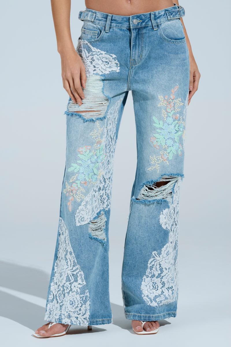 PICKING PETALS FLORAL AND LACE DETAIL DENIM PANTS Product Image