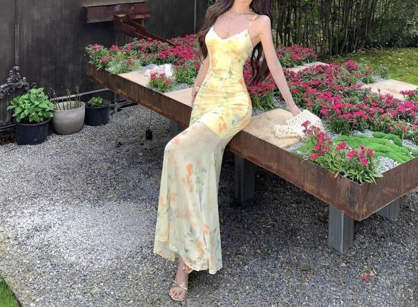 Spaghetti Strap V-Neck Floral Print Maxi Dress Product Image