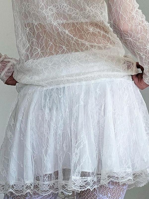 High-Waisted Pleated Lace Panel Mini Skirt Product Image