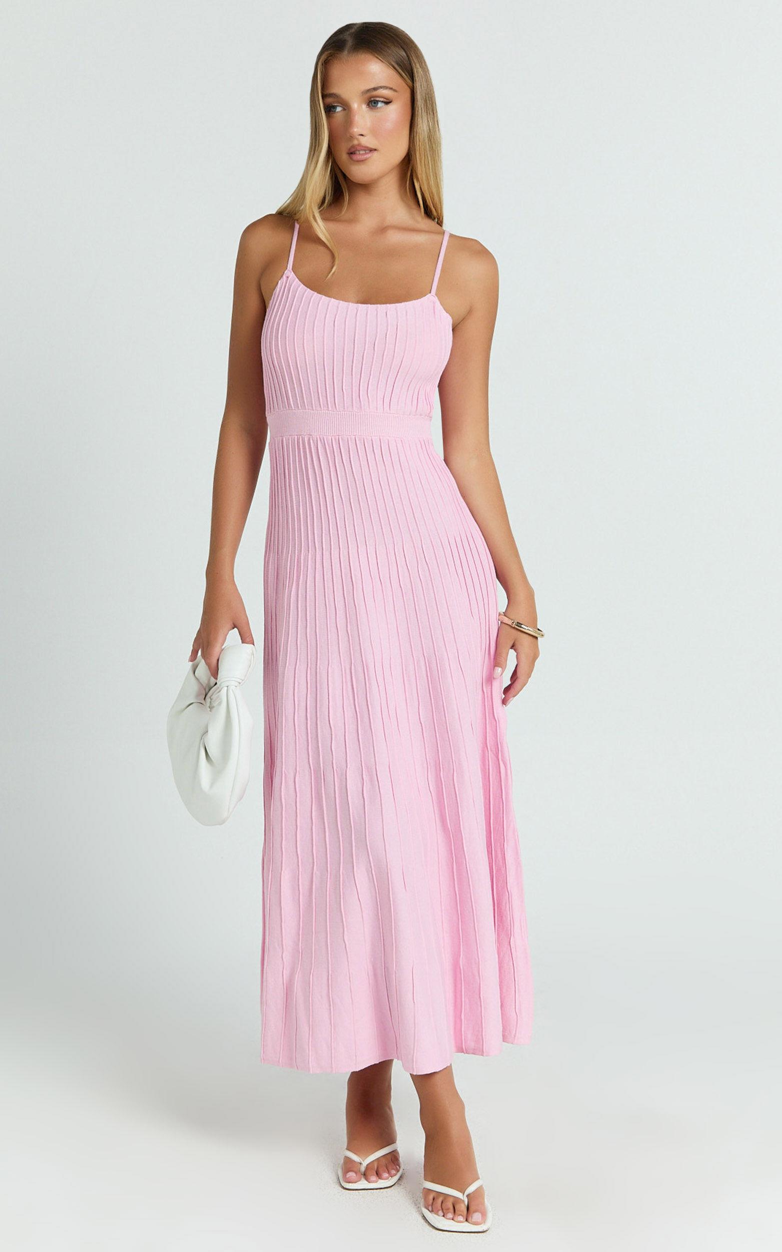 Donissa Midi Dress - Panelled Knit Dress in Pale Pink Product Image