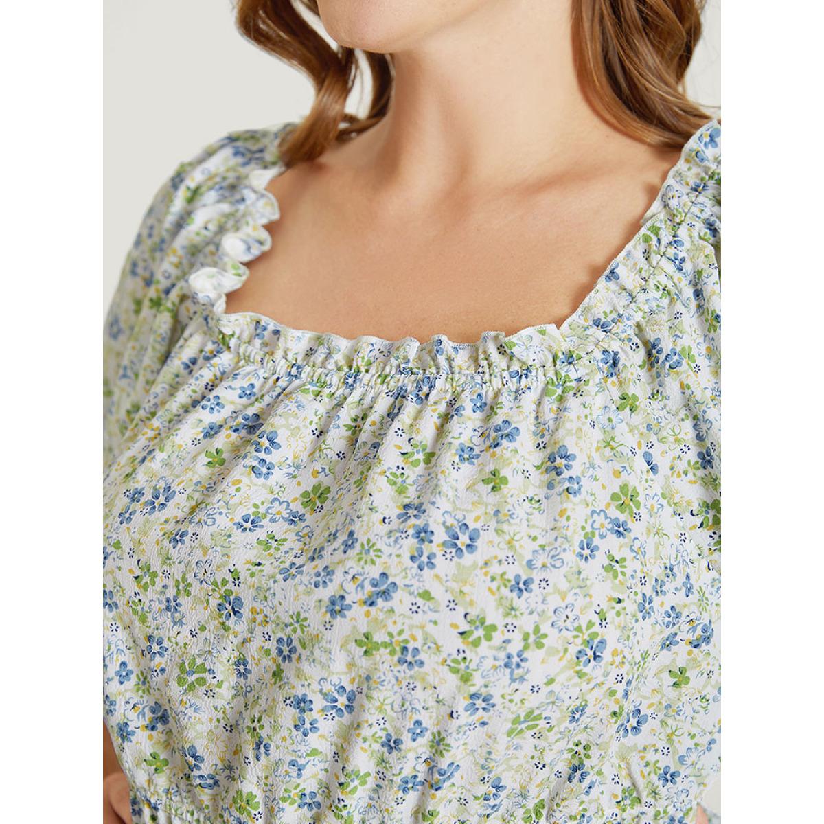 Plus Size Multicolor Ditsy Floral Puff Sleeve Frill Trim Elastic Waist Blouse Women Elegant Short sleeve Square Neck Dailywear Blouses BloomChic 22-24/3X Product Image