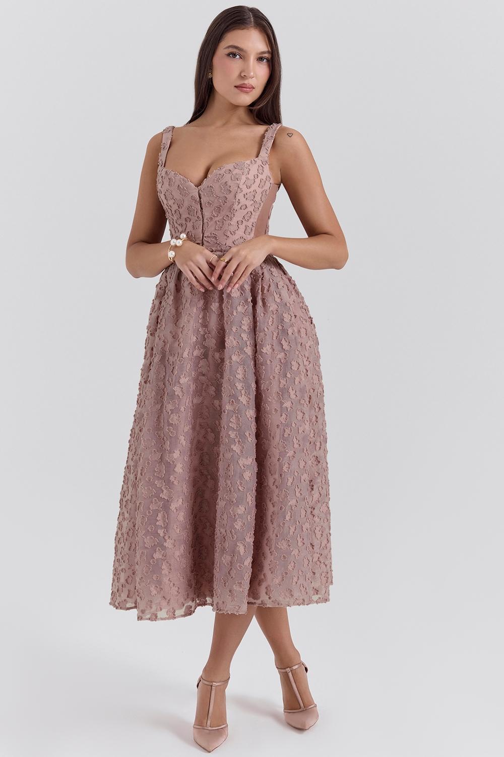 Lovely  french rose jacquard sweetheart neckline midi dress - sale Product Image