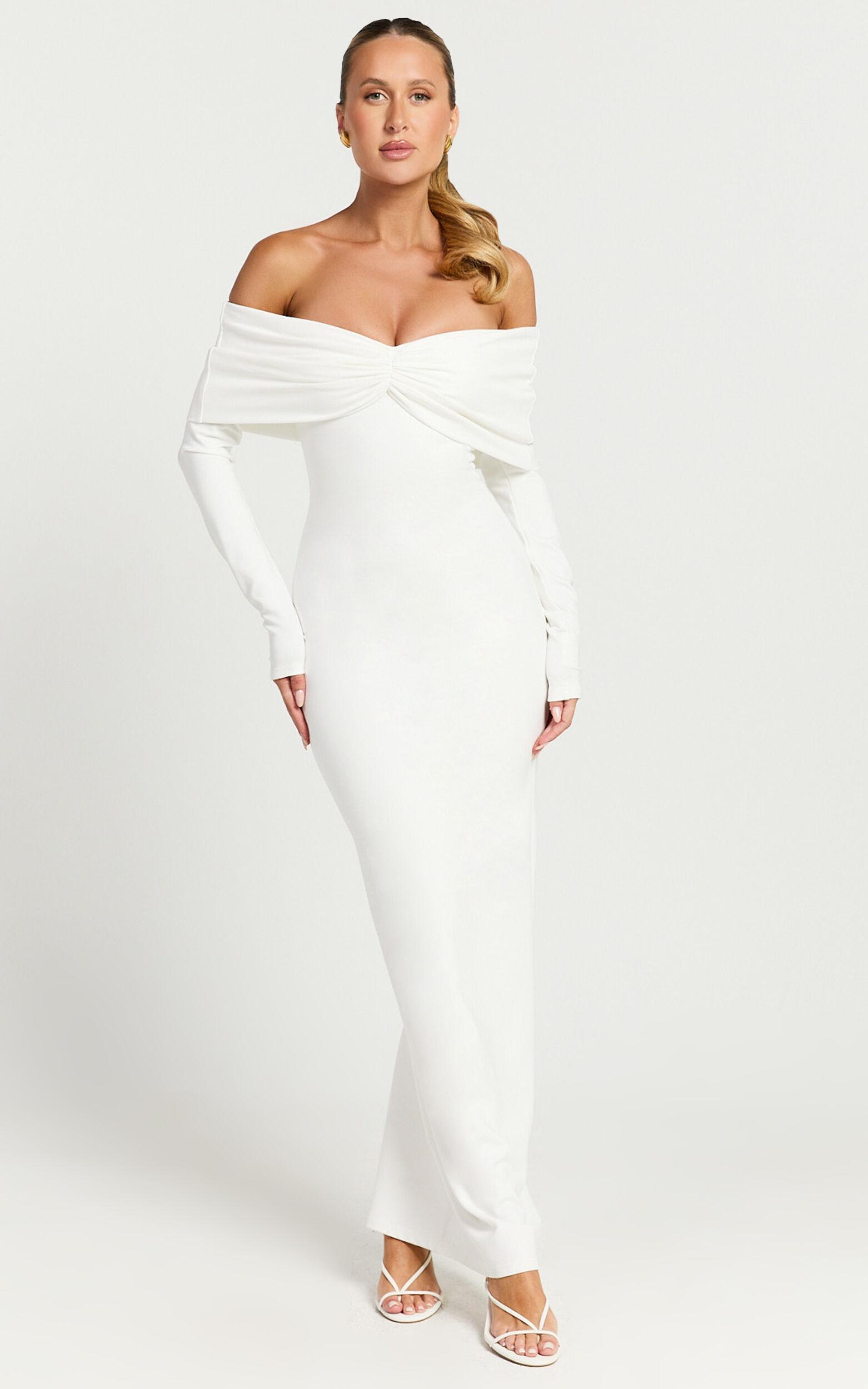 Rani Maxi Dress - Off Shoulder Long Sleeve Bodycon Dress in Off White Product Image