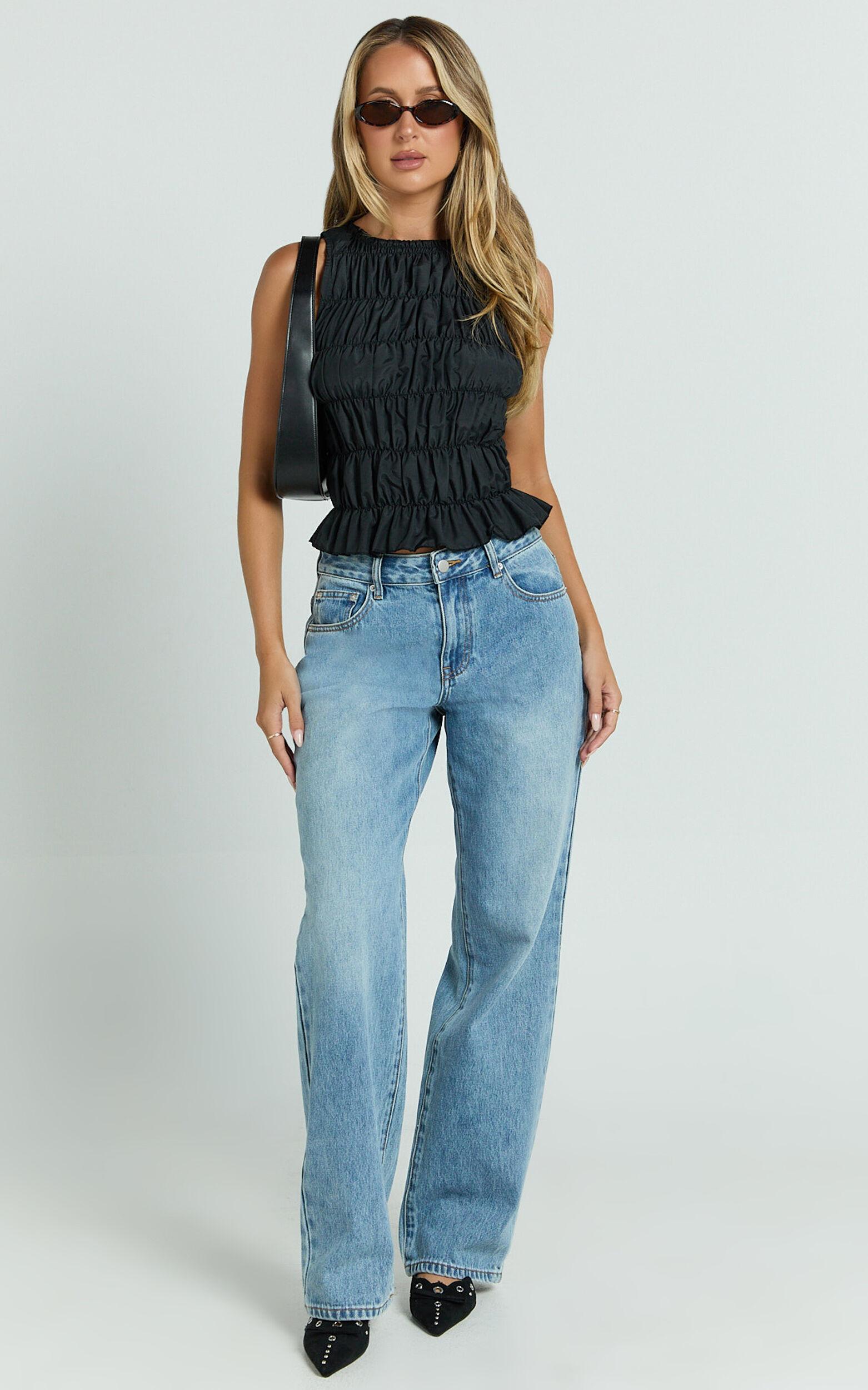 Aphrodite Top - Boat Neck Sleeveless Ruched Detail Top in Black Product Image