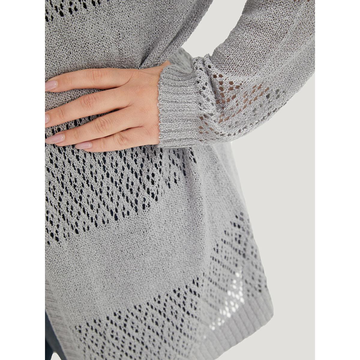 Plus Size Plain Geometric Eyelet Open Front Cardigan DarkGray Women Basics Loose Long Sleeve Everyday Cardigans BloomChic 18-20/2X Product Image