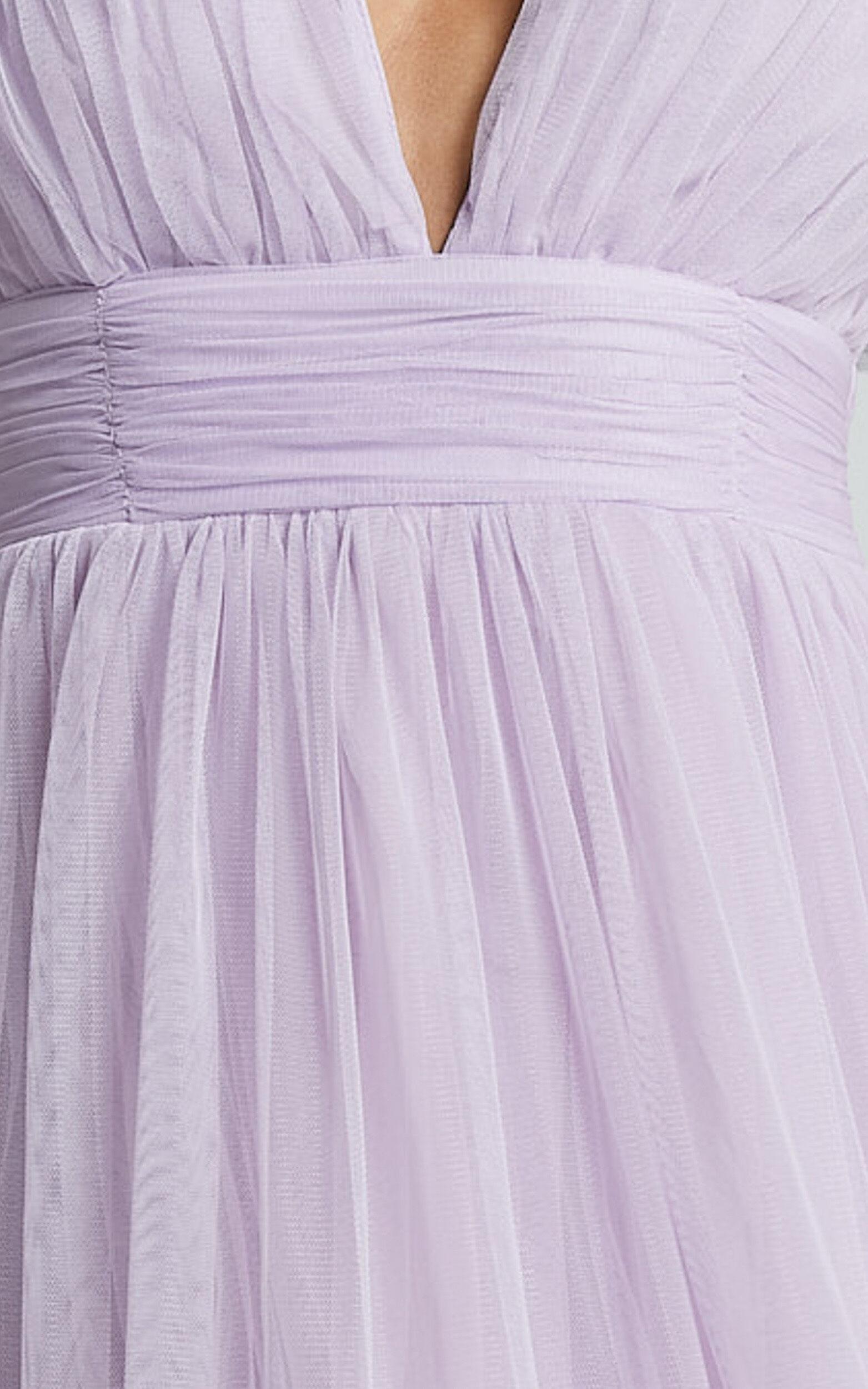 Jiraye Midi Dress - Flutter Sleeve Tuelle Plunge Dress in Lilac Product Image