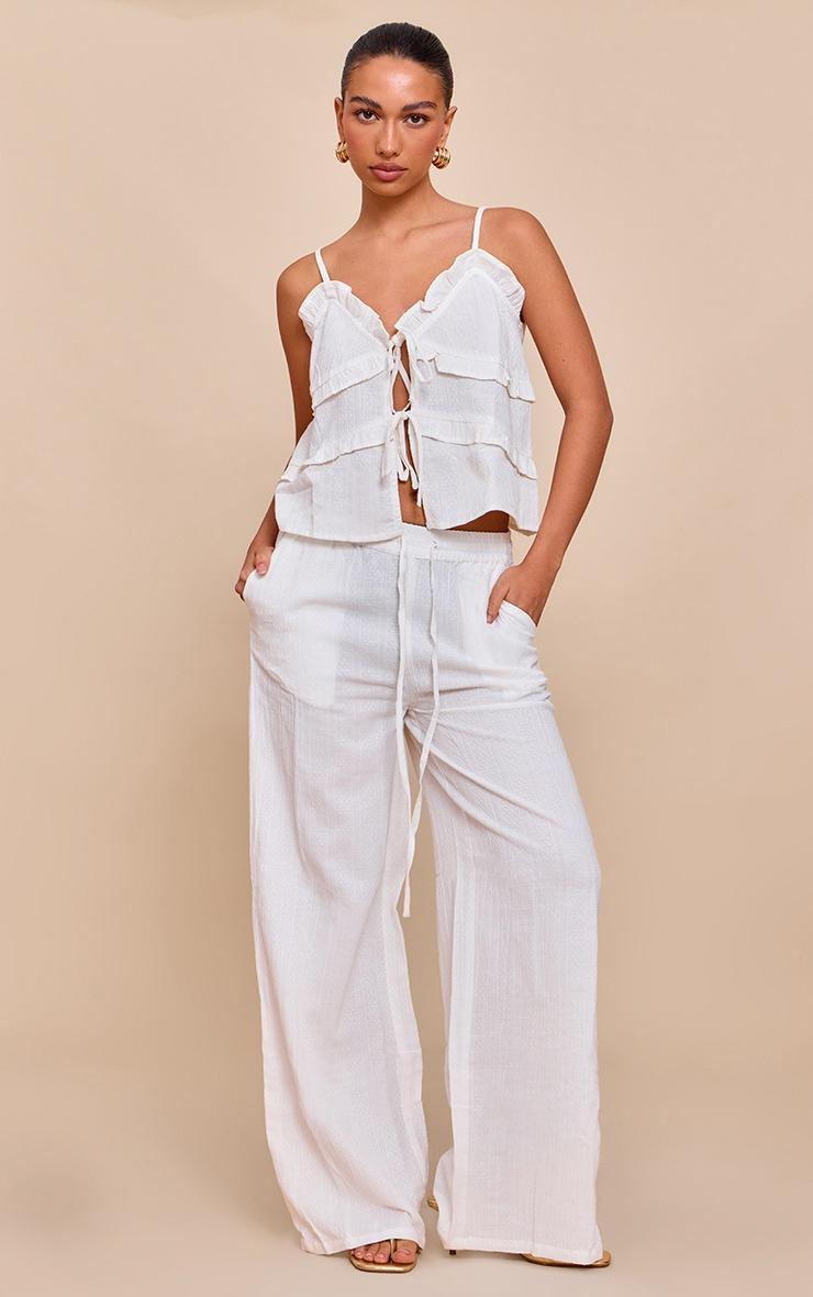 White Textured Mid Rise Wide Leg Pants Product Image