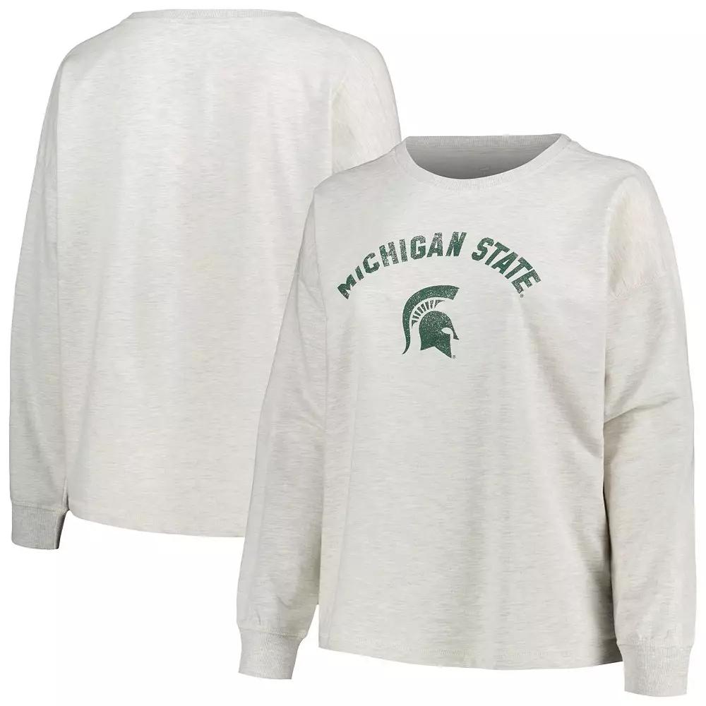 Women's Profile Oatmeal Michigan State Spartans Plus Size Distressed Arch Over Logo Neutral Boxy Pullover Sweatshirt, Size: 4XL, Team Product Image