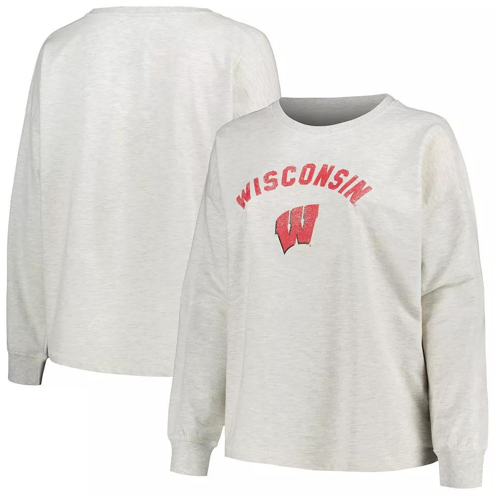 Women's Profile Oatmeal Wisconsin Badgers Distressed Arch Over Logo Neutral Boxy Pullover Sweatshirt, Size: 3XL, Team Product Image
