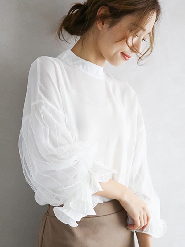 Simple Solid Color Puff Sleeve Mesh Splicing Chiffon Shirt Product Image