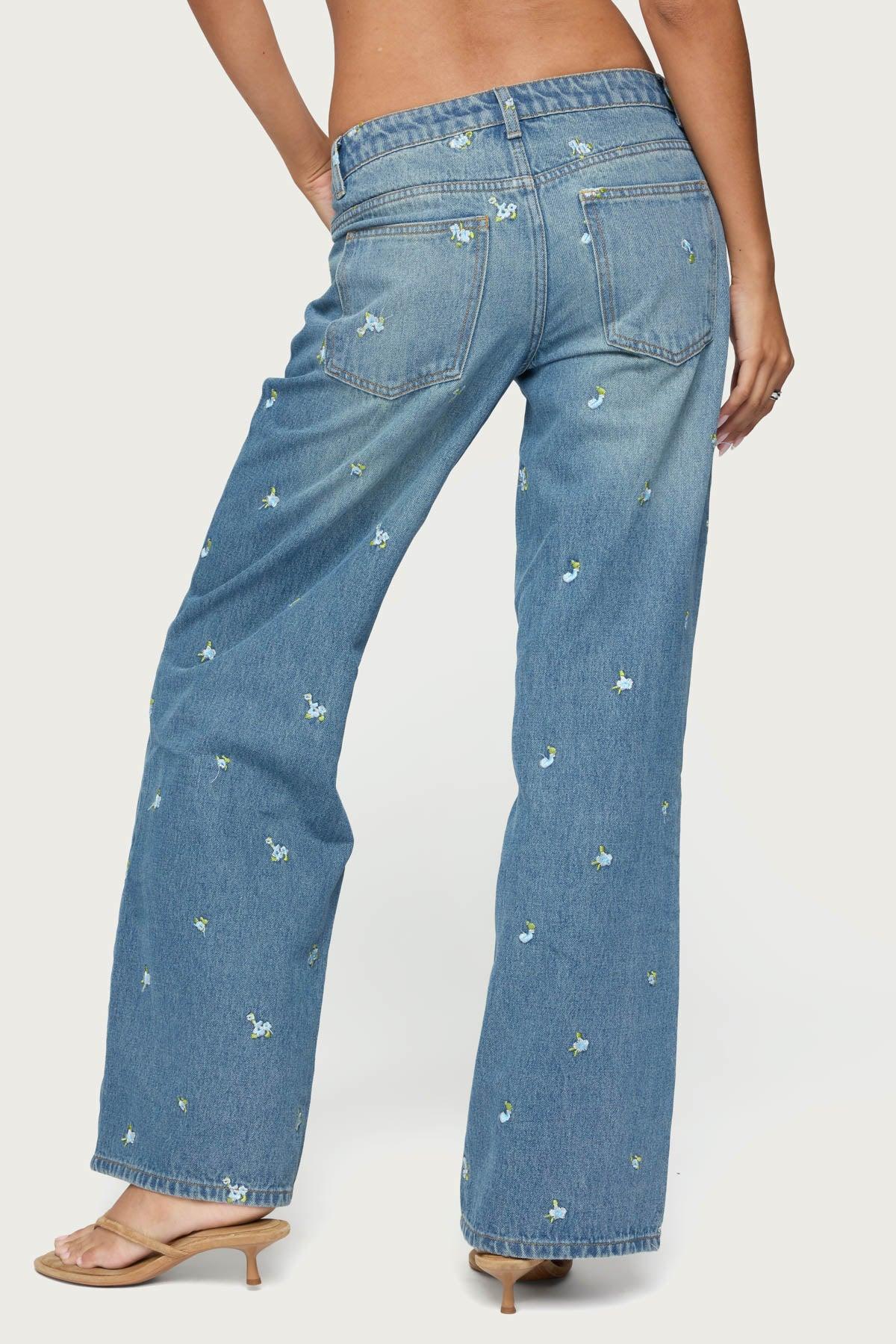 Edna Embroidered Floral Low Rise Baggy Jeans Product Image