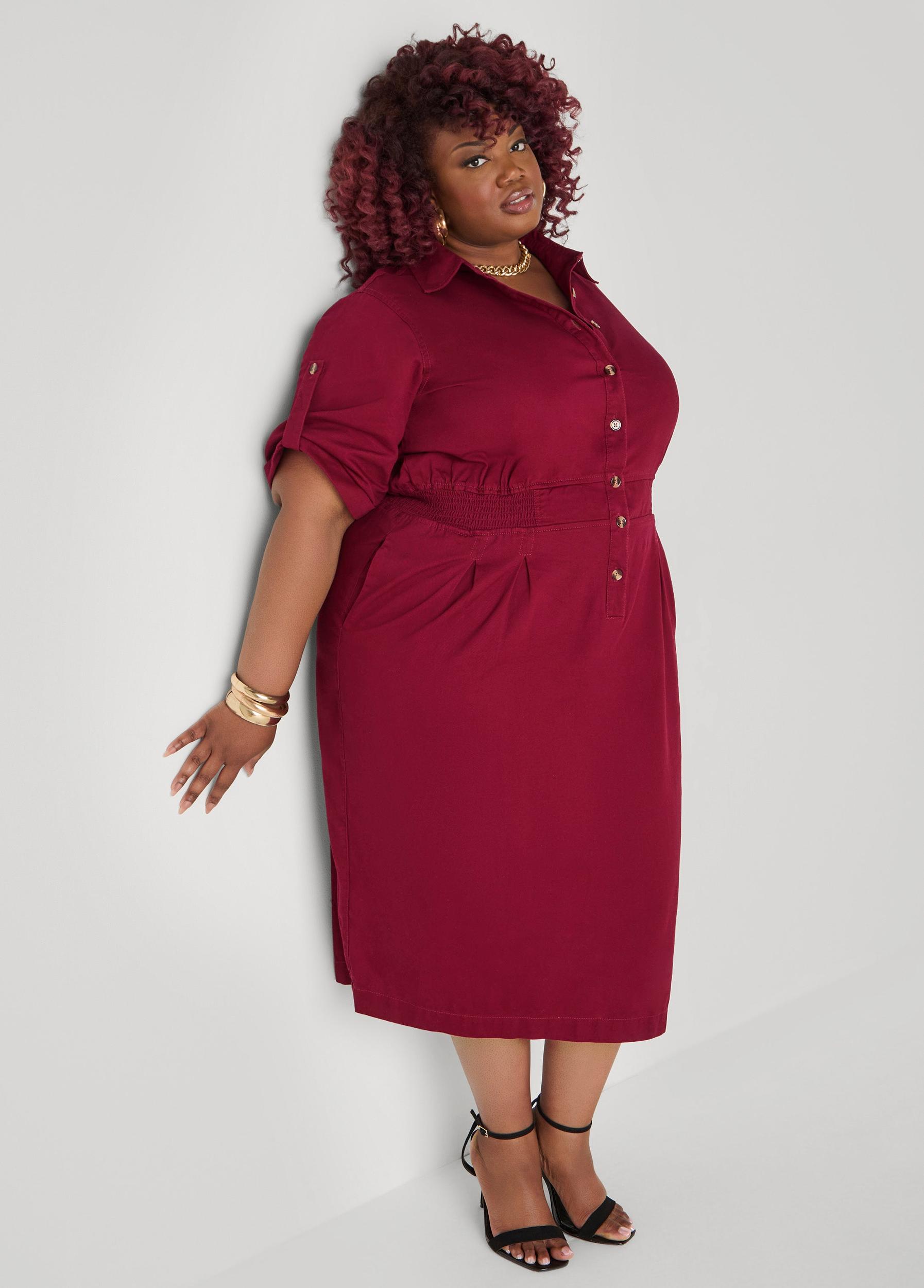 Plus Size Cuffed Sleeve Denim Dress Ashley Stewart Product Image