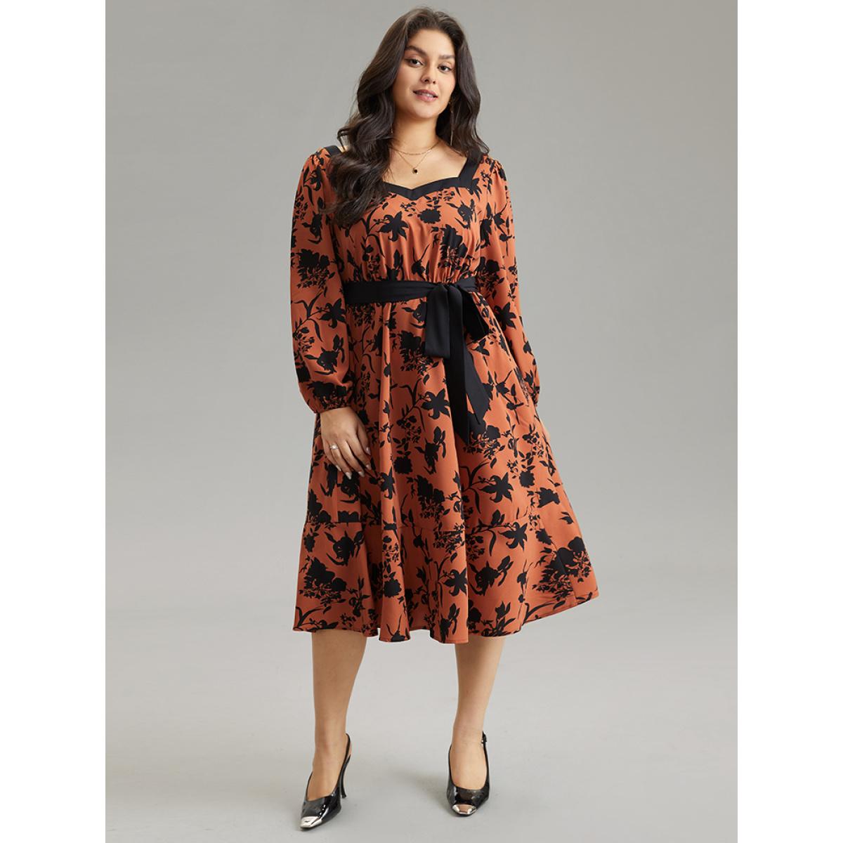 Plus Size Silhouette Floral Print Square Neck Belted Dress Chocolate Women Office Elastic cuffs Square Neck Long Sleeve Curvy Midi Dress BloomChic 18-20/2X Product Image