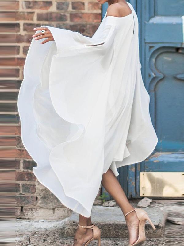 Batwing Sleeves Asymmetric Solid Color Cold Shoulder Midi Dresses Product Image
