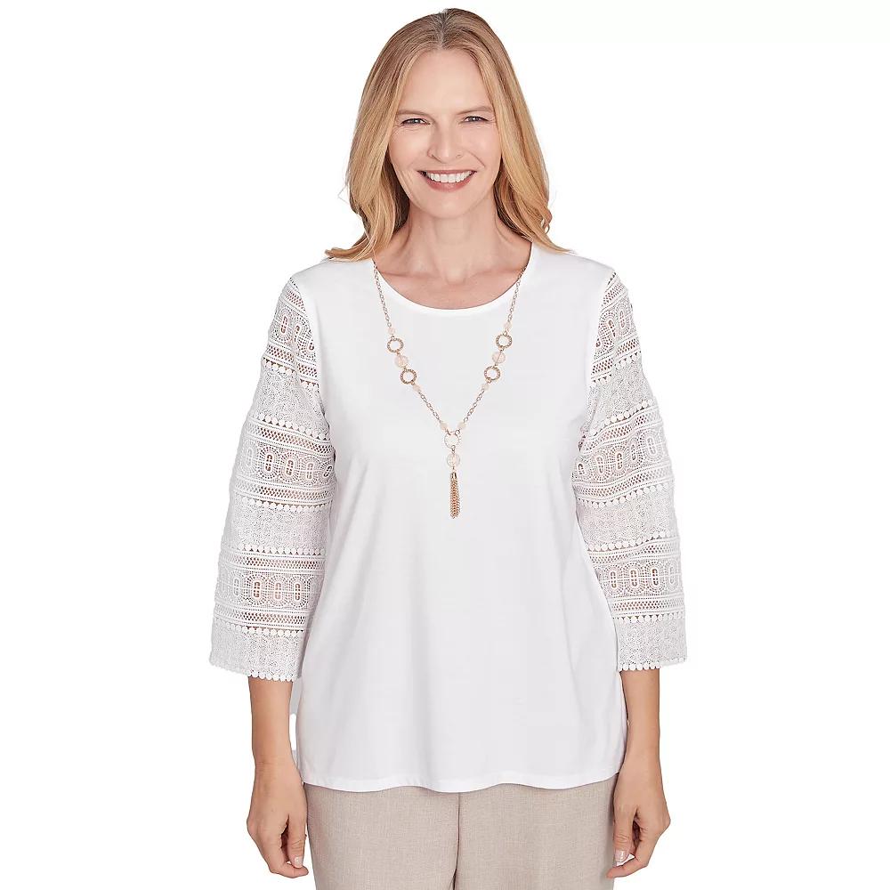 Women's Alfred Dunner Solid Lace Sleeve Knit Top with Necklace,  Product Image