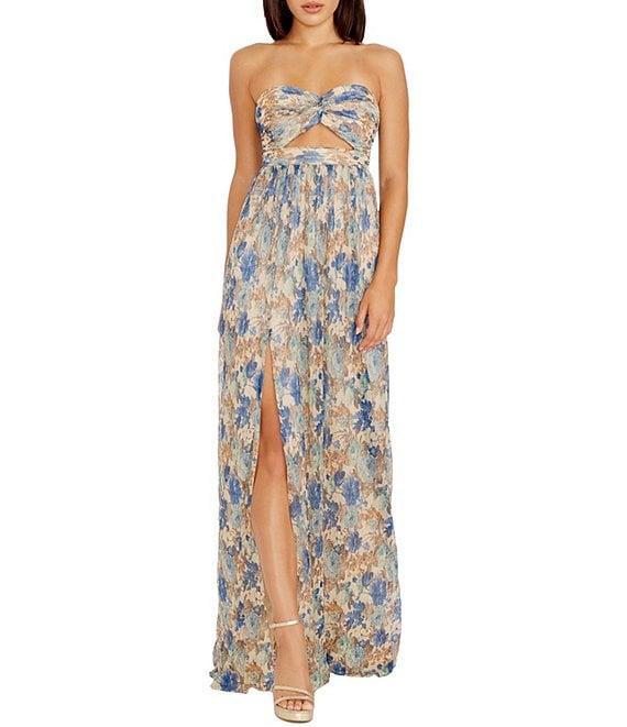 Dress the Population Angelique Sweetheart Strapless Cutout Floral Printed Metallic Chiffon Front Slit Sheath Gown Product Image