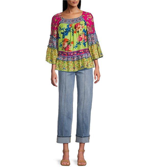 John Mark Mixed Print Scoop Neck 3/4 Ruffle Sleeve Blouse Product Image