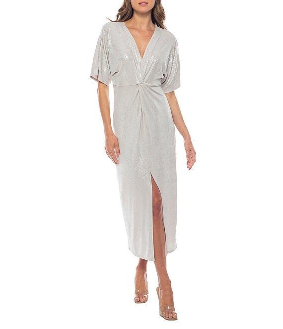 Marina Short Sleeve Ribbed Knot Long Foil Midi Dress Product Image